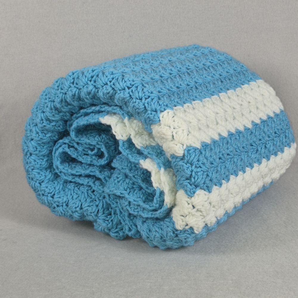 Handmade Crocheted Baby Blanket – Blue & White – Large Snuggle Buddy Throw – New